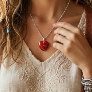 Red Jasper Heart Stone Pendant Necklace in Silver Tone Romantic Boho Love